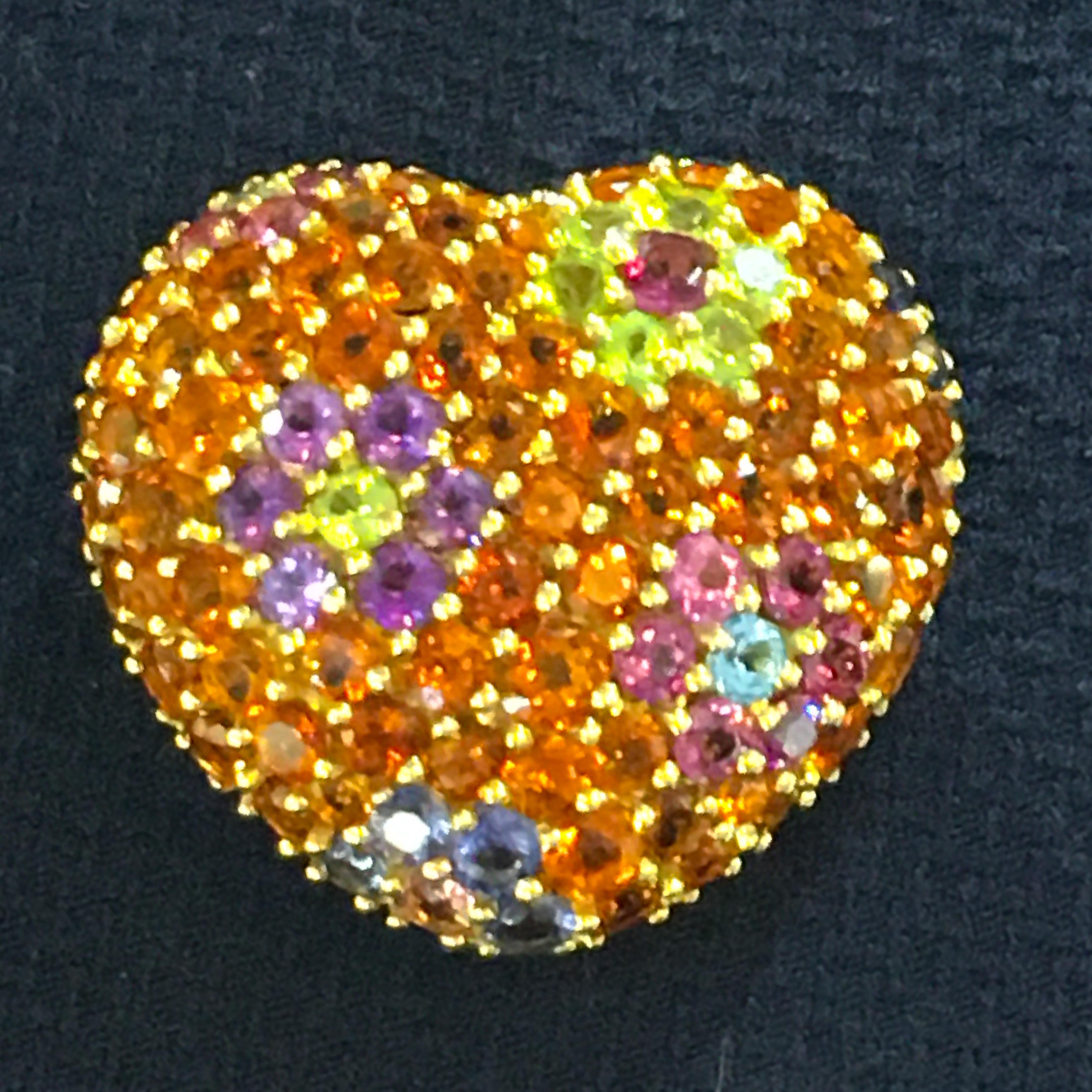 Yellow Gold Multi-Gemstones Heart Pendant or Brooch In Excellent Condition In Greenwich, CT
