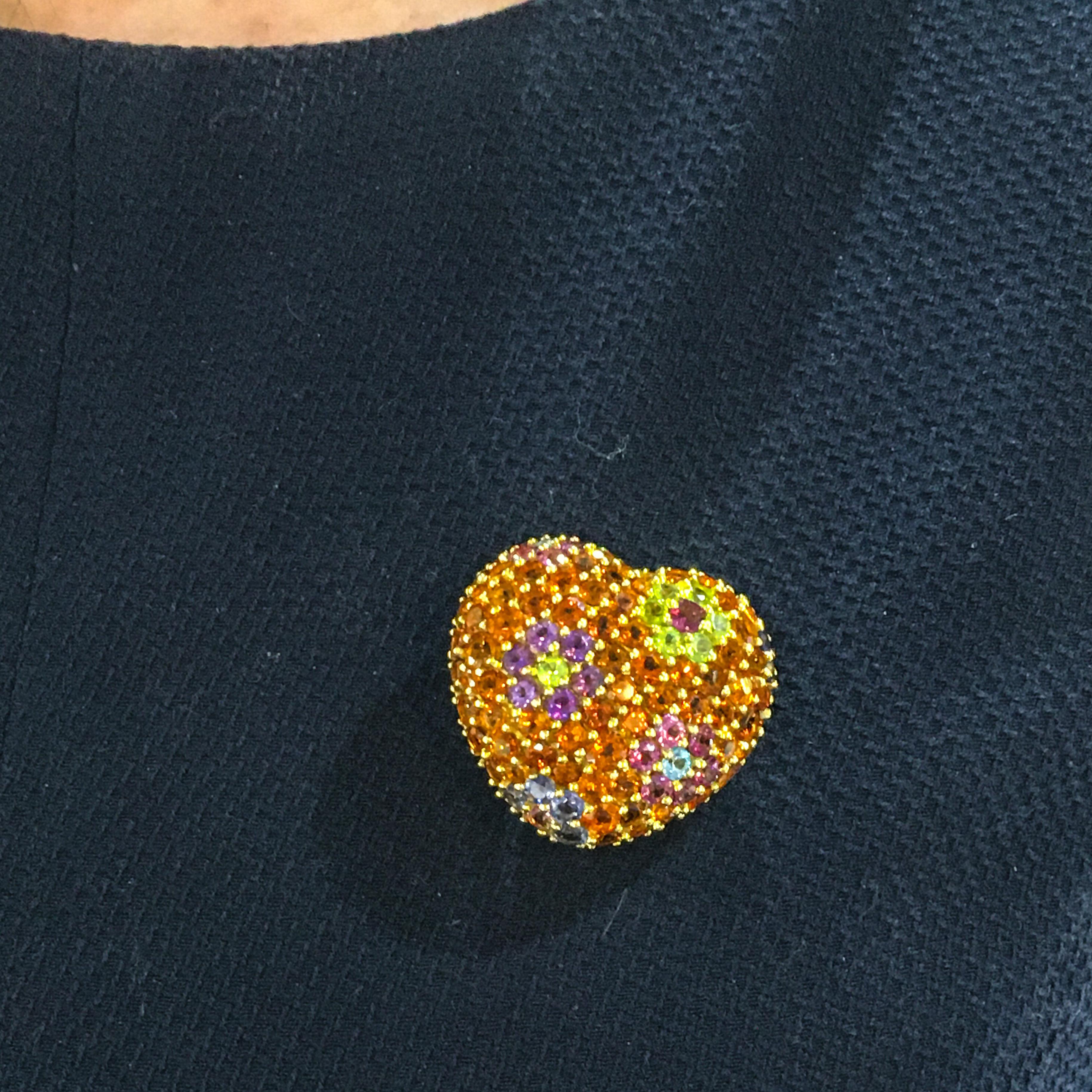 Women's Yellow Gold Multi-Gemstones Heart Pendant or Brooch