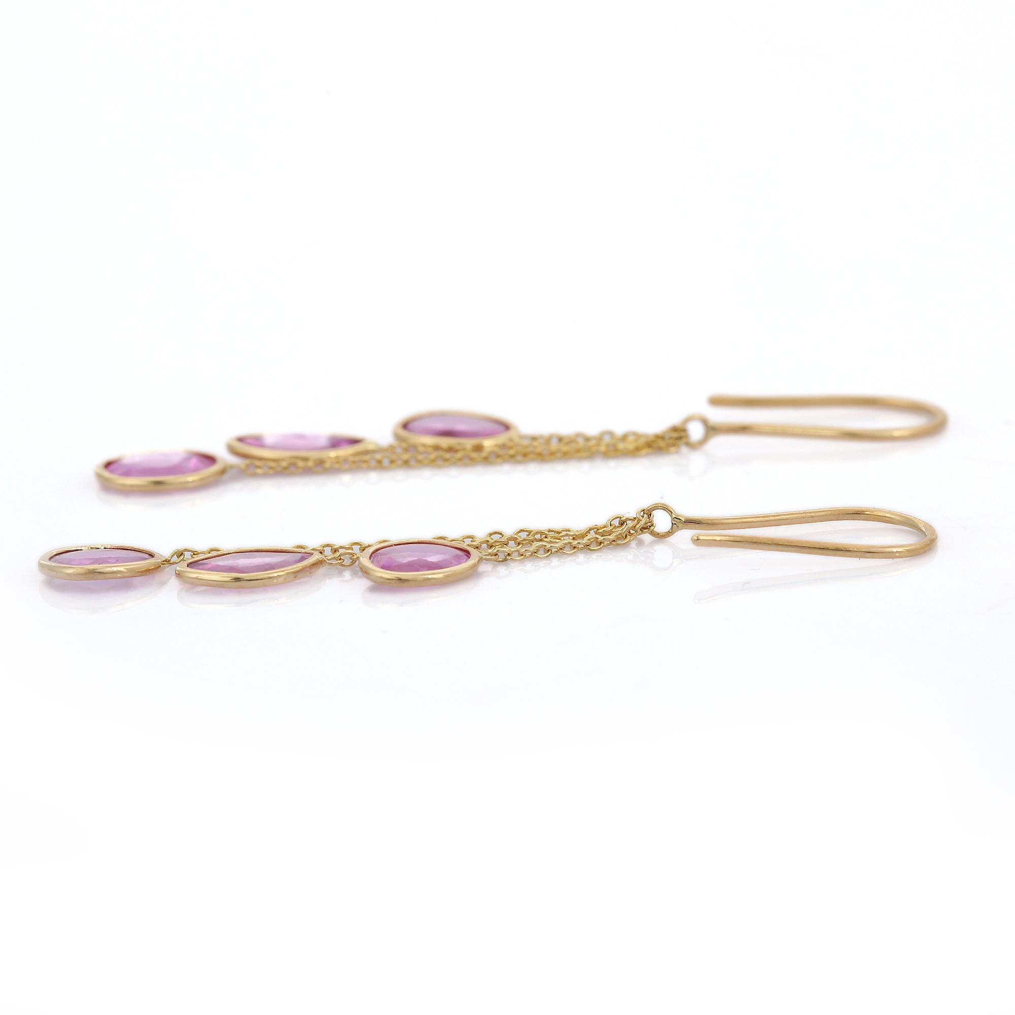 Modern Yellow Gold Multi Layered Pink Sapphire Dangle Earrings For Sale