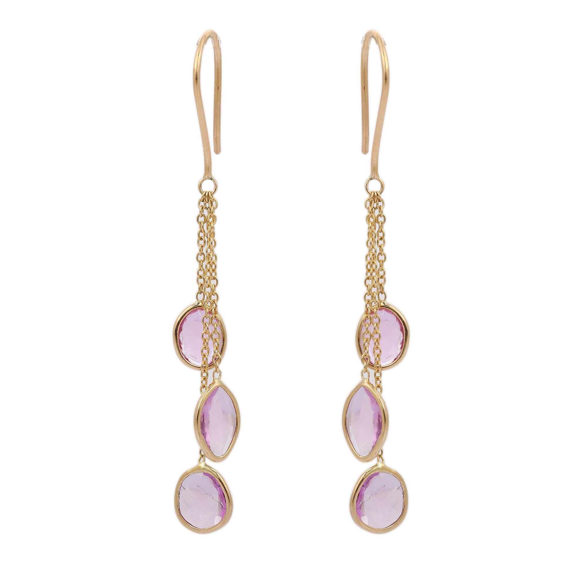 Uncut Yellow Gold Multi Layered Pink Sapphire Dangle Earrings For Sale