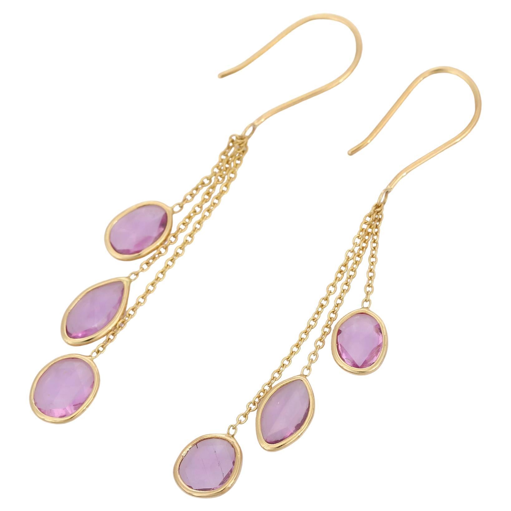 Yellow Gold Multi Layered Pink Sapphire Dangle Earrings For Sale