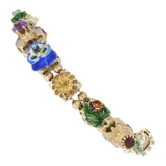 Yellow Gold Multi-Stone Vintage Floral Slide Charm Bracelet 14k Round 5.51ctw