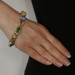 Yellow Gold Multi-Stone Vintage Floral Slide Charm Bracelet 14k Round 5.51ctw