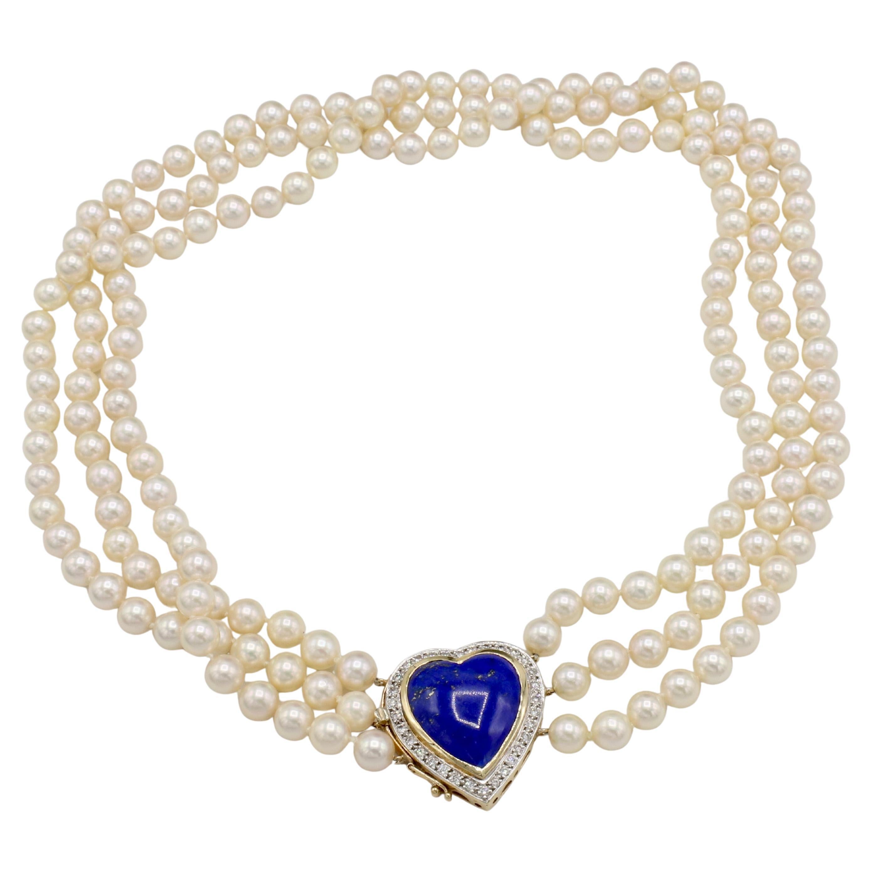 Contemporary Yellow Gold Multi-Strand Cultured Pearl, Diamond & Lapis Lazuli Heart Necklace For Sale