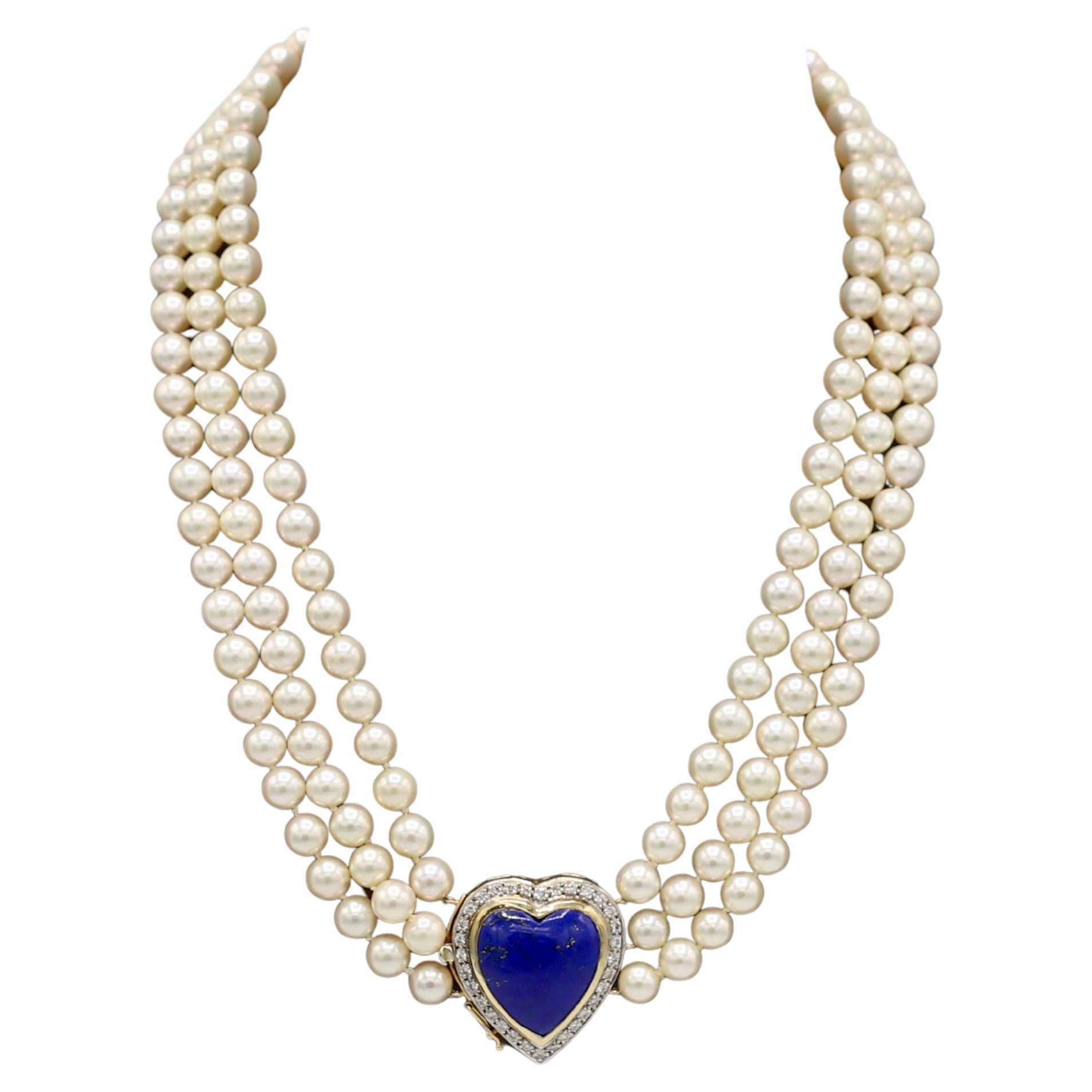 Round Cut Yellow Gold Multi-Strand Cultured Pearl, Diamond & Lapis Lazuli Heart Necklace For Sale