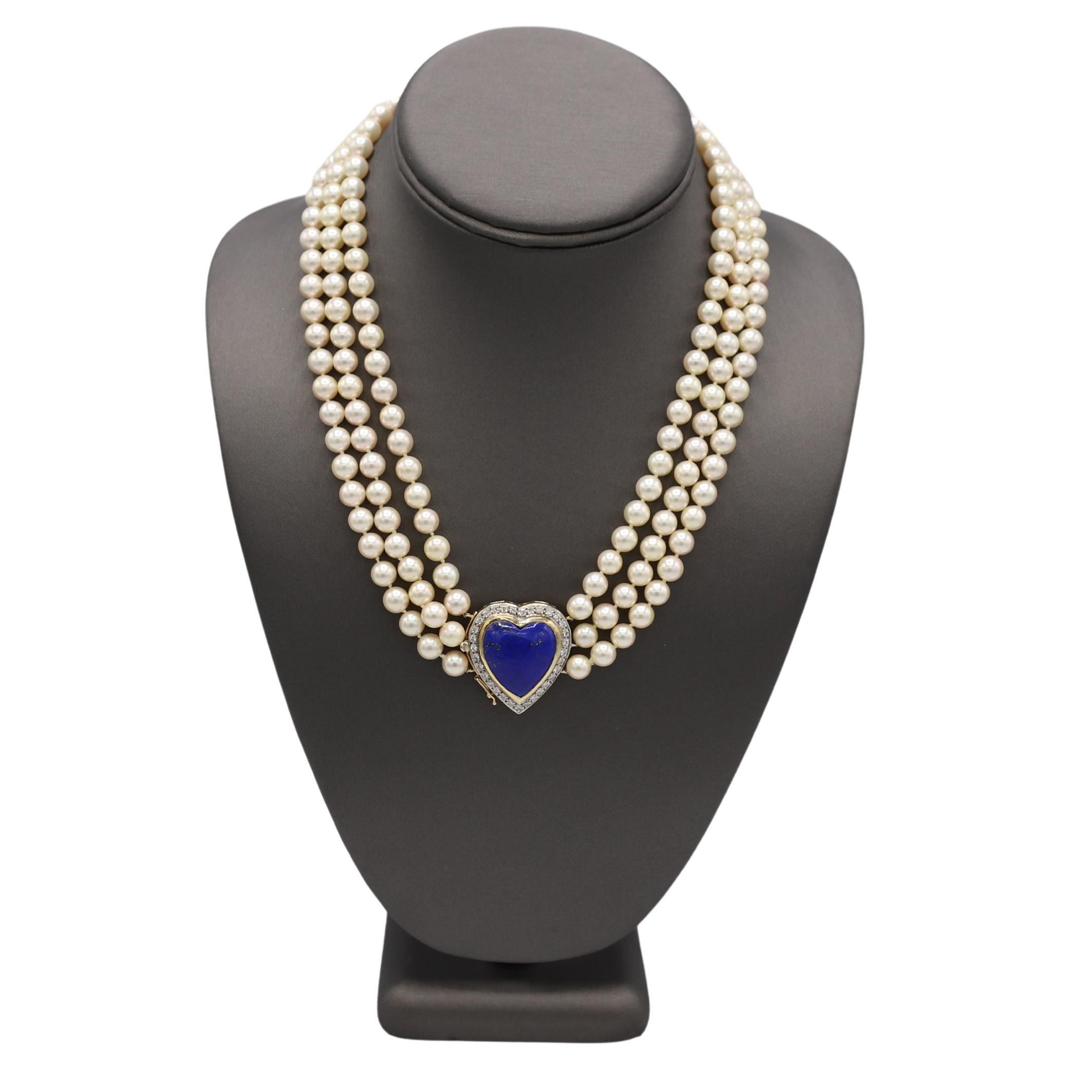 Yellow Gold Multi-Strand Cultured Pearl, Diamond & Lapis Lazuli Heart Necklace For Sale