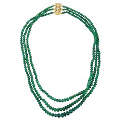 Yellow Gold Multi-Strand Emerald Bead Necklace with Diamond Filigree Clasp