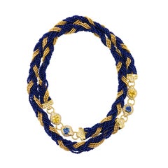 Yellow Gold Multi-Strand Twisted Blue Glass Bead, Sapphire, and Diamond Sautoir