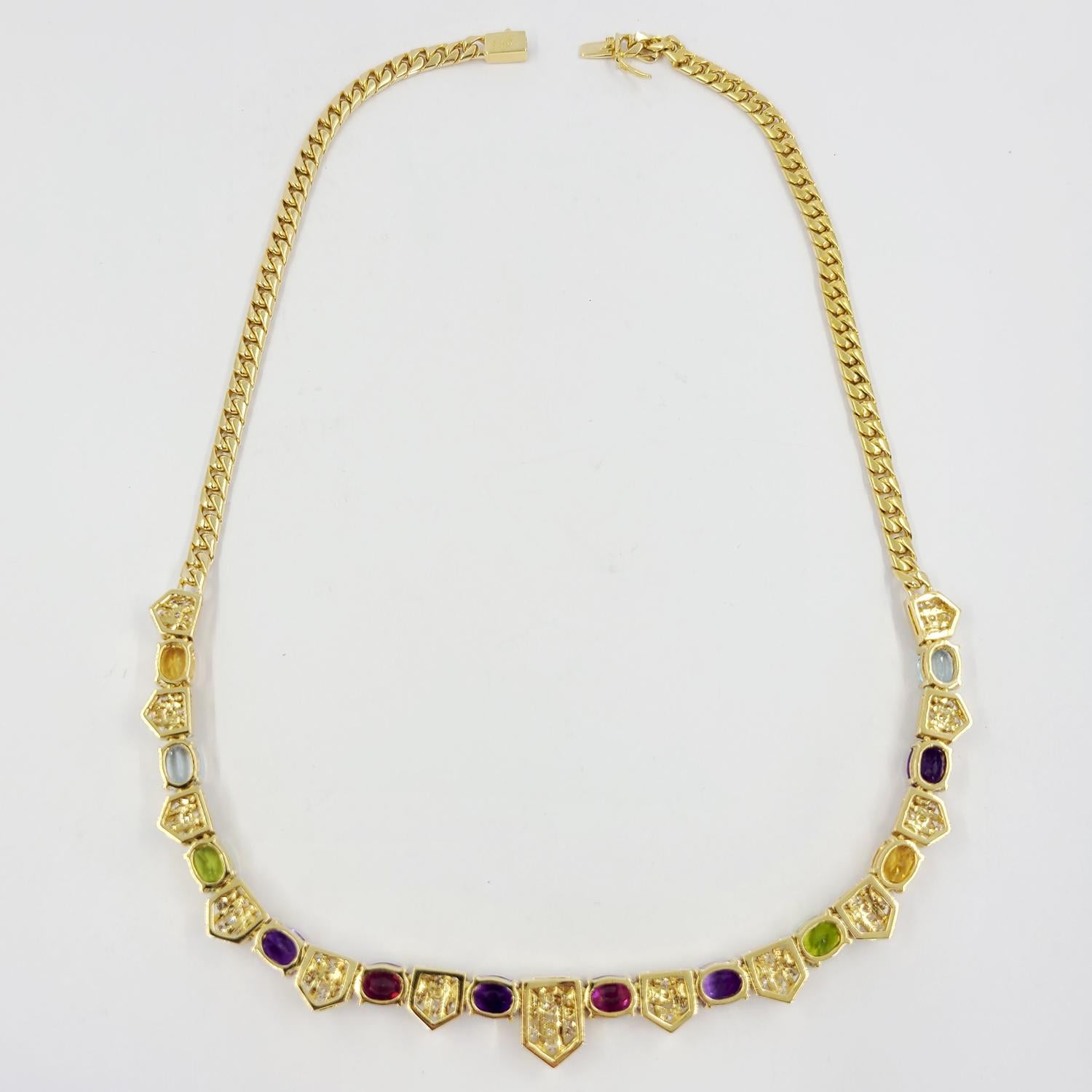 Round Cut Yellow Gold Multicolor Gemstone and Diamond Necklace For Sale