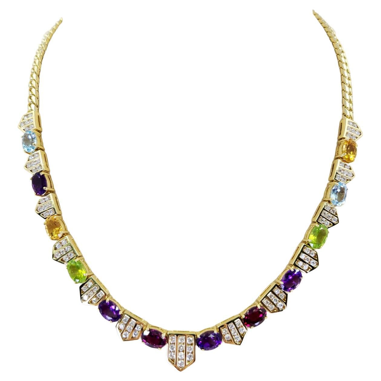 Yellow Gold Multicolor Gemstone and Diamond Necklace For Sale