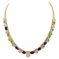 Retro Yellow Gold Multicolor Gemstone and Diamond Necklace