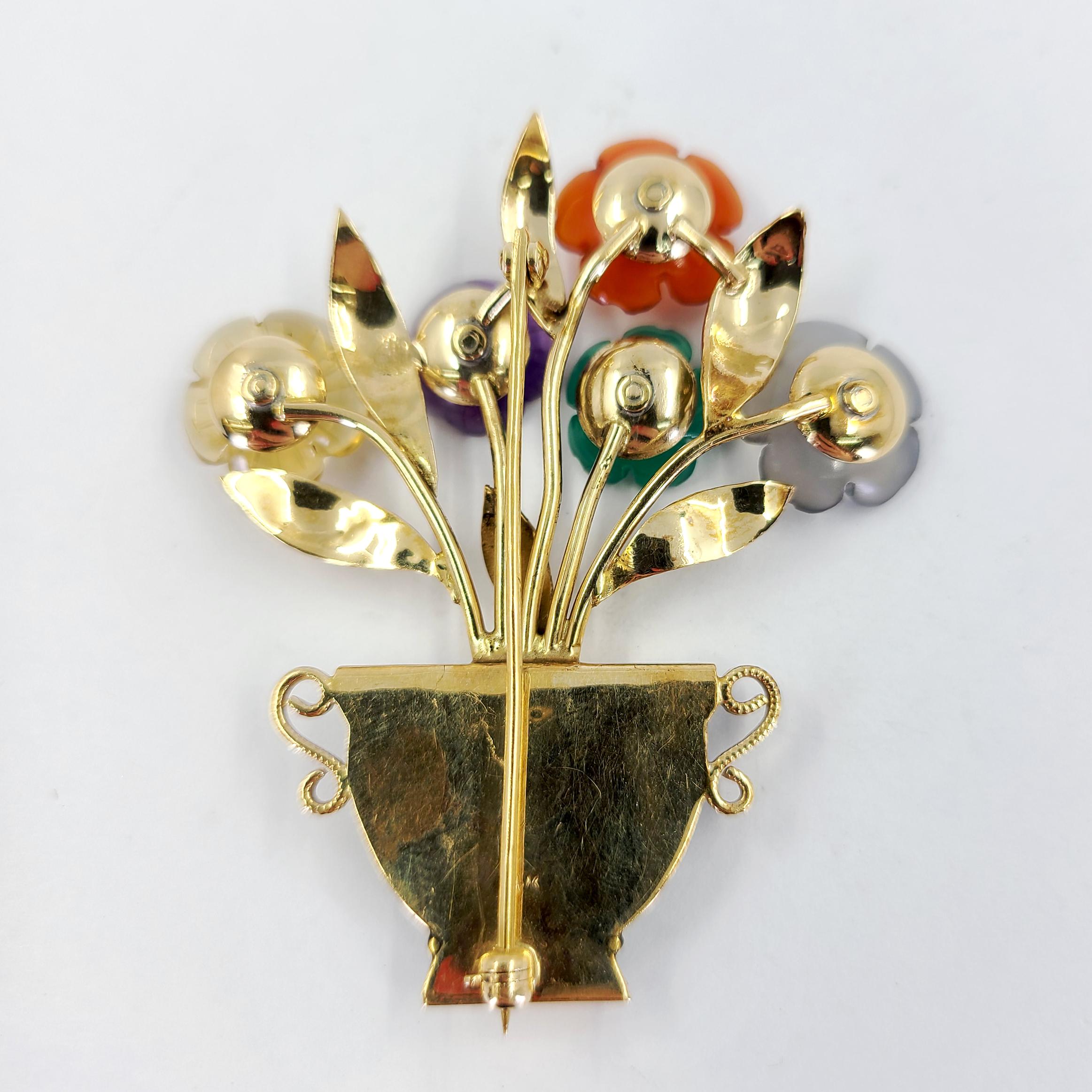Yellow Gold Multicolor Gemstone Flower Pot Pin In Good Condition In Coral Gables, FL