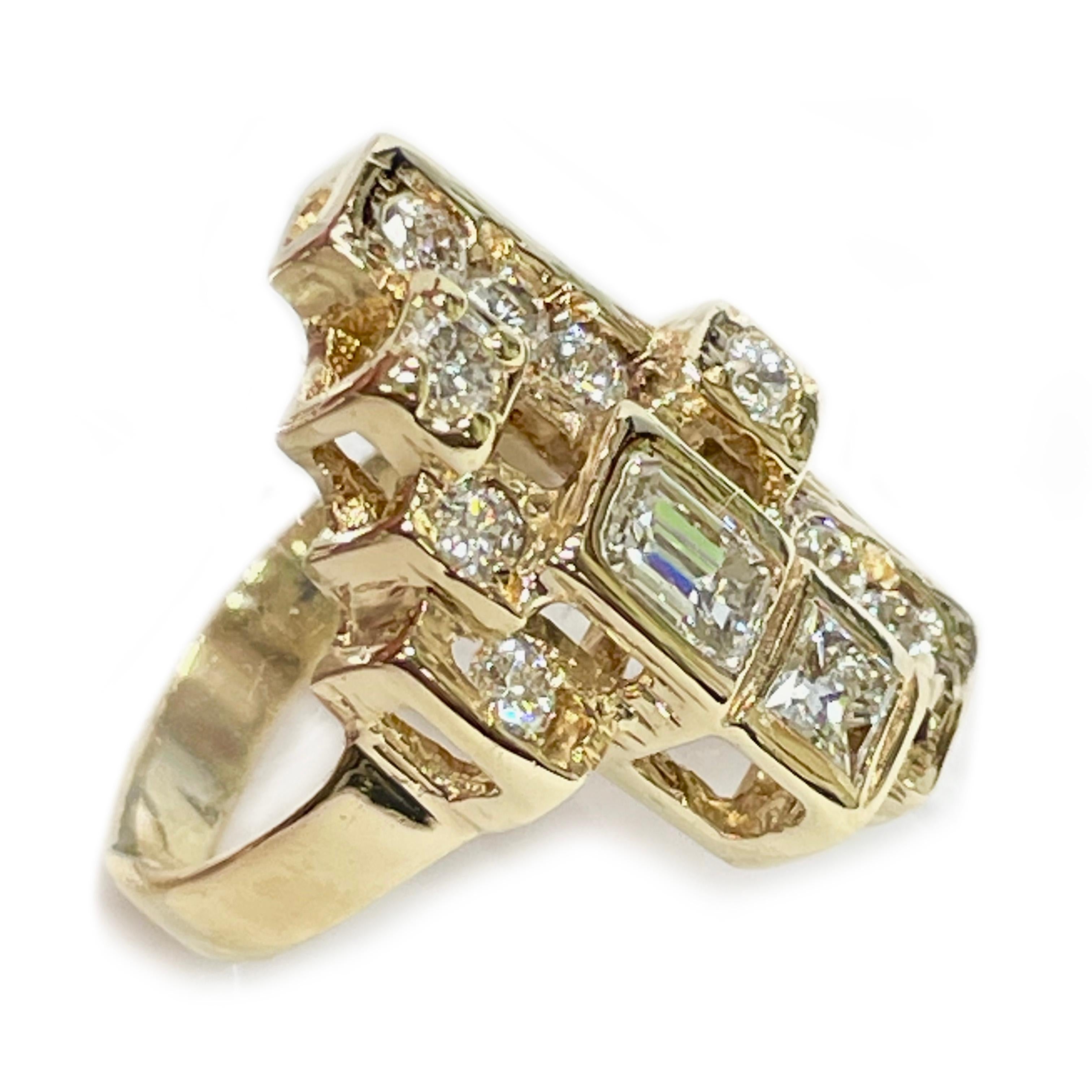14 Karat Yellow Gold Multiple Cuts Diamond Ring. The ring features geometric bezel boxes of gold with step/emerald, square, and round-cut diamonds. The diamonds are both bezel and prong-set. There is one 4.9 x 3.5mm step/emerald-cut diamond with a