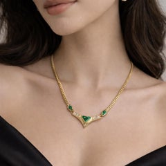 Yellow Gold Muzo Colombian Emerald w/ Diamond Flat Curb Link V Necklace