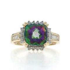 Yellow Gold Mystic Topaz Diamond Ring - 10k Cushion Checkerboard 6.20ctw