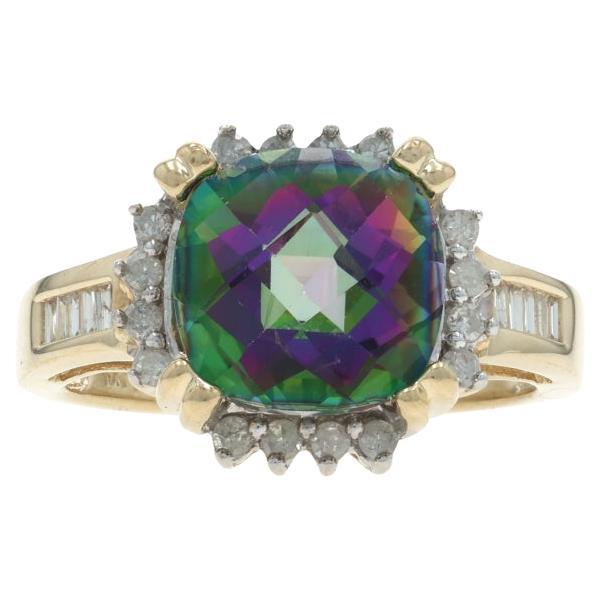 Yellow Gold Mystic Topaz Diamond Ring - 10k Cushion Checkerboard 6.20ctw For Sale