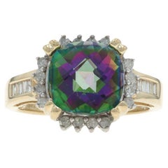 Yellow Gold Mystic Topaz Diamond Ring - 10k Cushion Checkerboard 6.20ctw