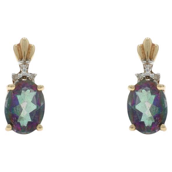 Yellow Gold Mystic Topaz Diamond Short Drop Earrings - 10k Oval 3.22ctw Pierced im Angebot