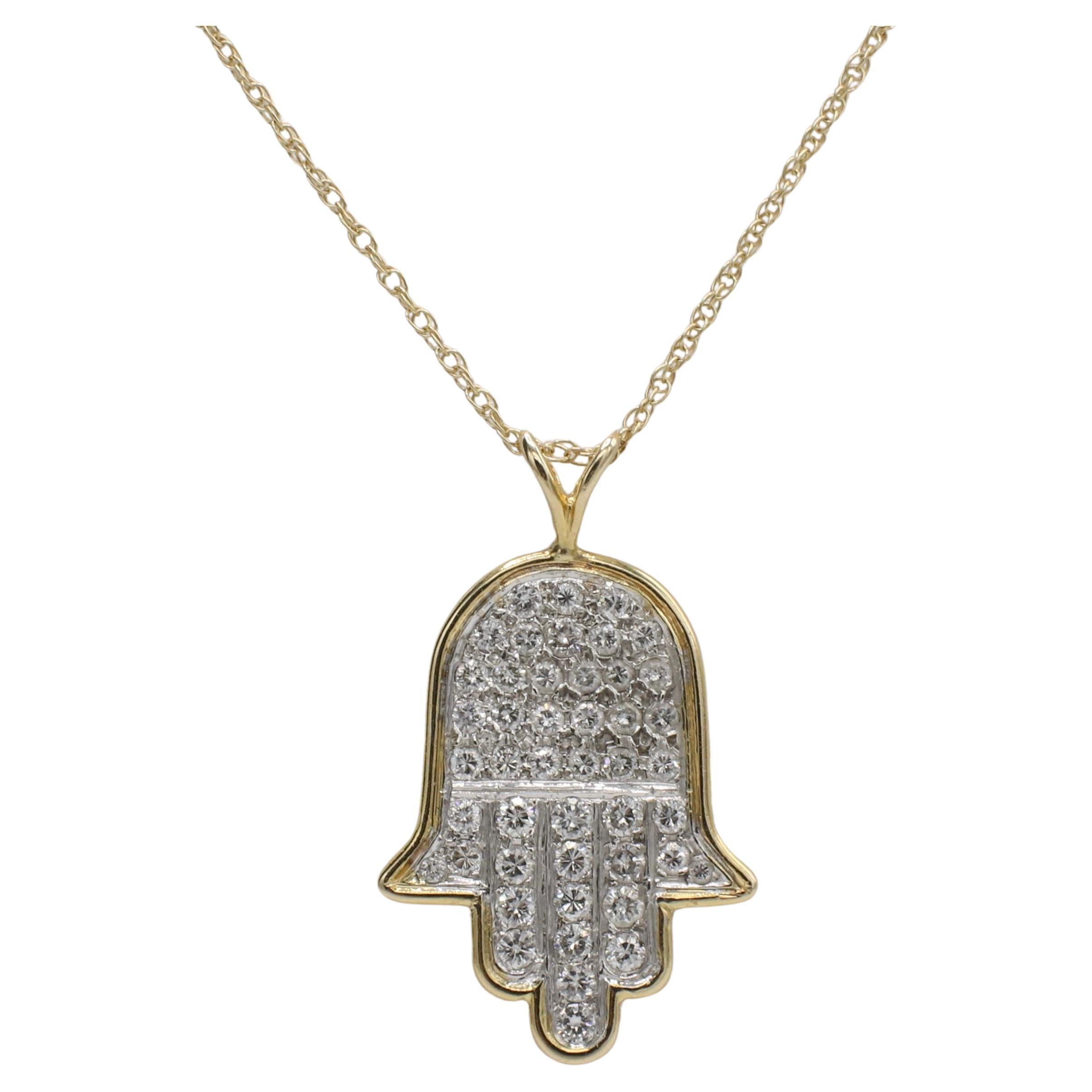 Yellow Gold & Natural Diamond Hand Hamsa Pendant Drop Necklace