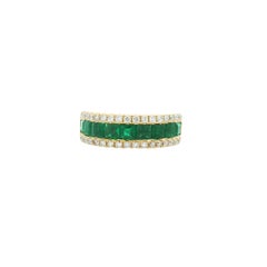 Yellow Gold Natural Emerald & Diamond 14-Karat 3-Row Band Ring In Stock