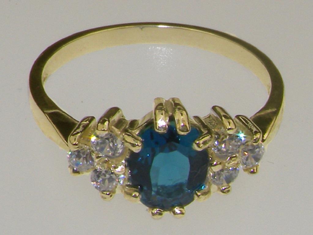 For Sale:  14K Yellow Gold London Blue Topaz & Cubic Zirconia Cluster Ring Customizable 4