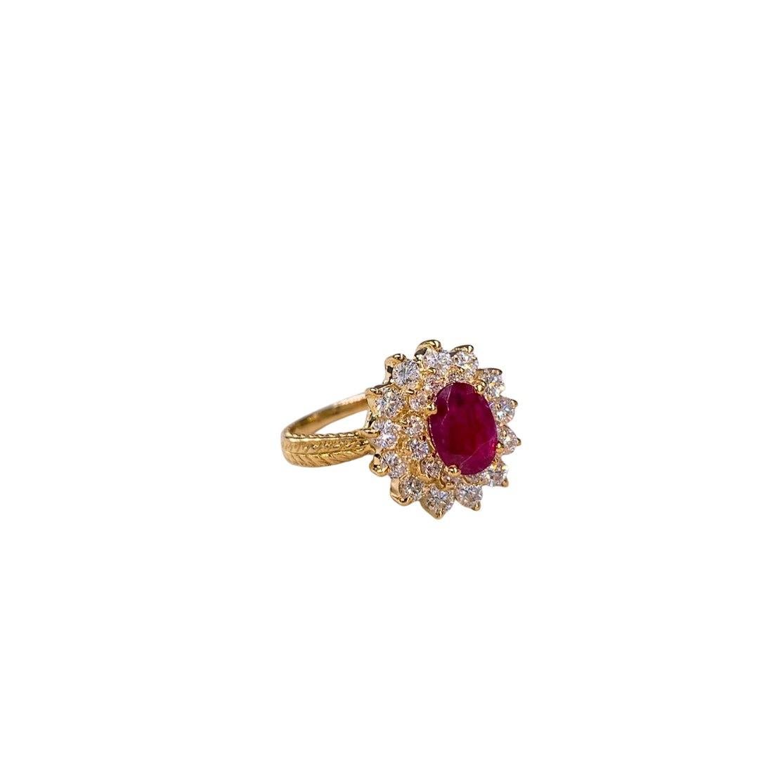 Ring Yellow Gold 14 K

Ring Size: 7 
Total Ring Weight: 5.2 Grams
Total Natural diamond weight is 1.30ct.
VS2-SI1 clarity / G-H color
Natural Ruby 1.86ct (Measures: 8.80x7.05mm) (no glass or led filling , heated only)


With a heritage of ancient