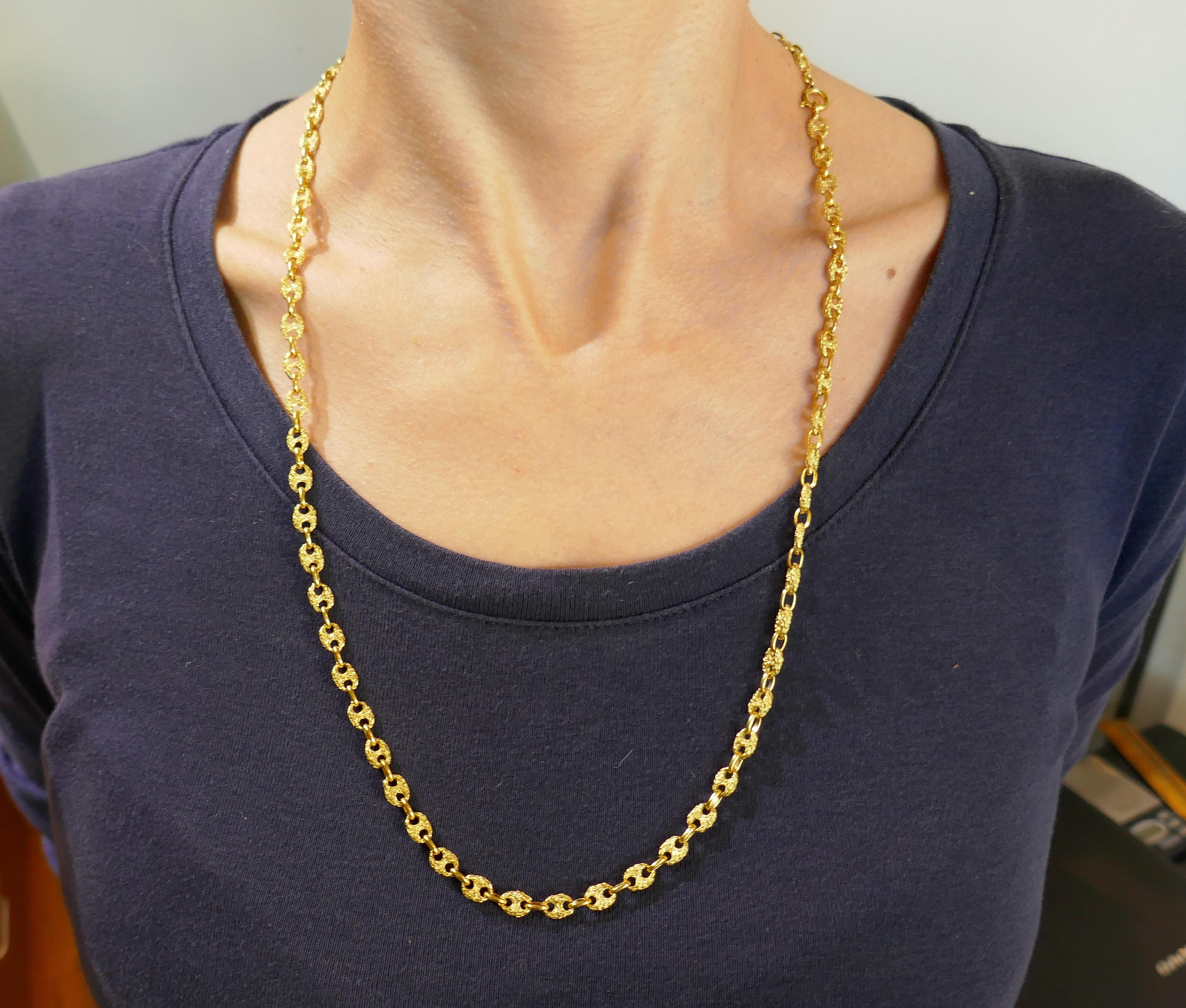 Textured chain necklace with a popular nautical link created in Italy in the 1970s. Elegant, and wearable, the necklace is a great addition to your jewelry collection.
The necklace is made of 18 karat yellow gold. 
It is 26 inches (66 centimeters)
