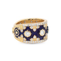 Stambolian 18 Karat Yellow Gold Diamond Blue Enamel Cigar Band Ring