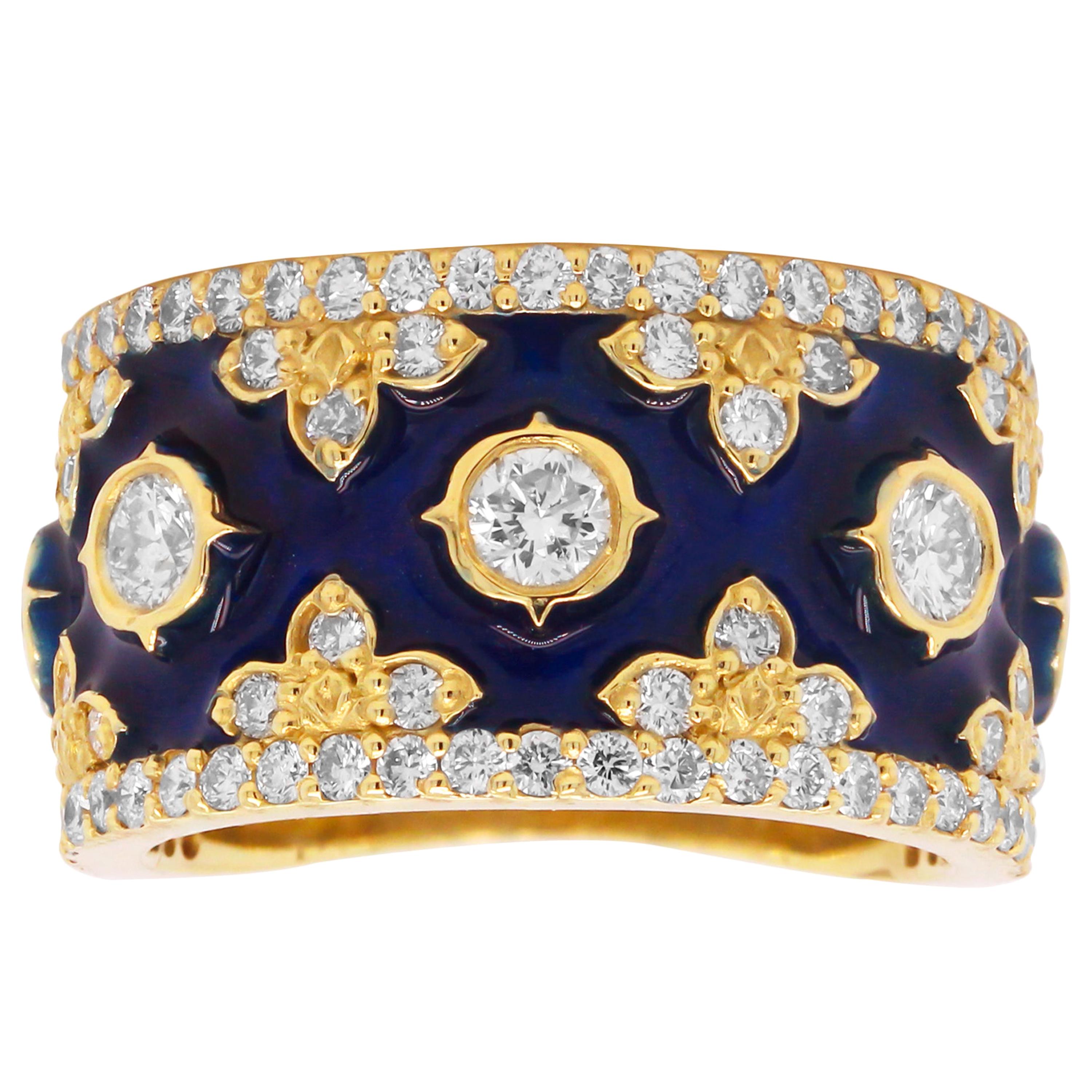 Stambolian 18 Karat Yellow Gold Diamond Blue Enamel Cigar Band Ring