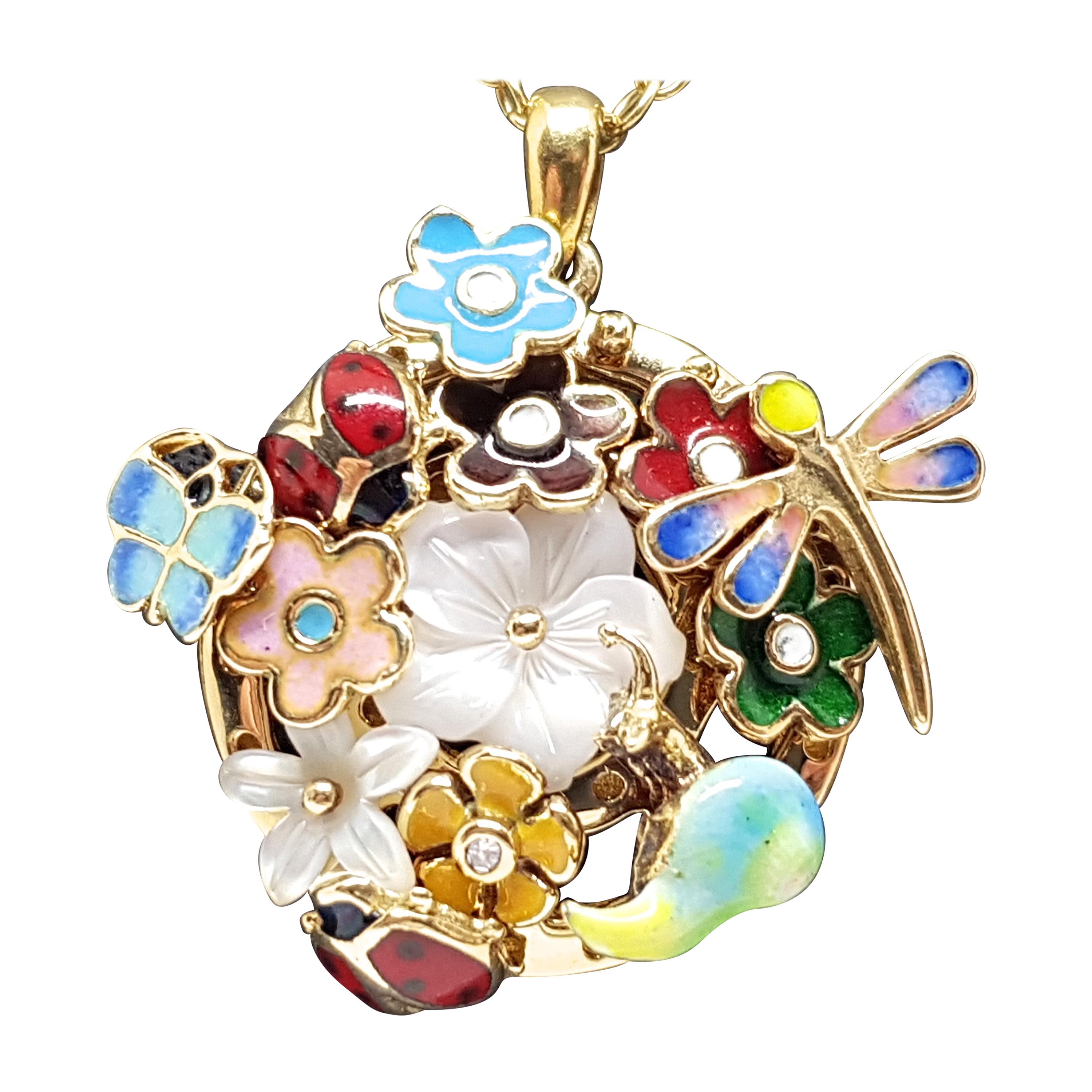 Yellow Gold Necklace Mother of Pearl Diamond Multi-Color Enamel Pendant For Sale