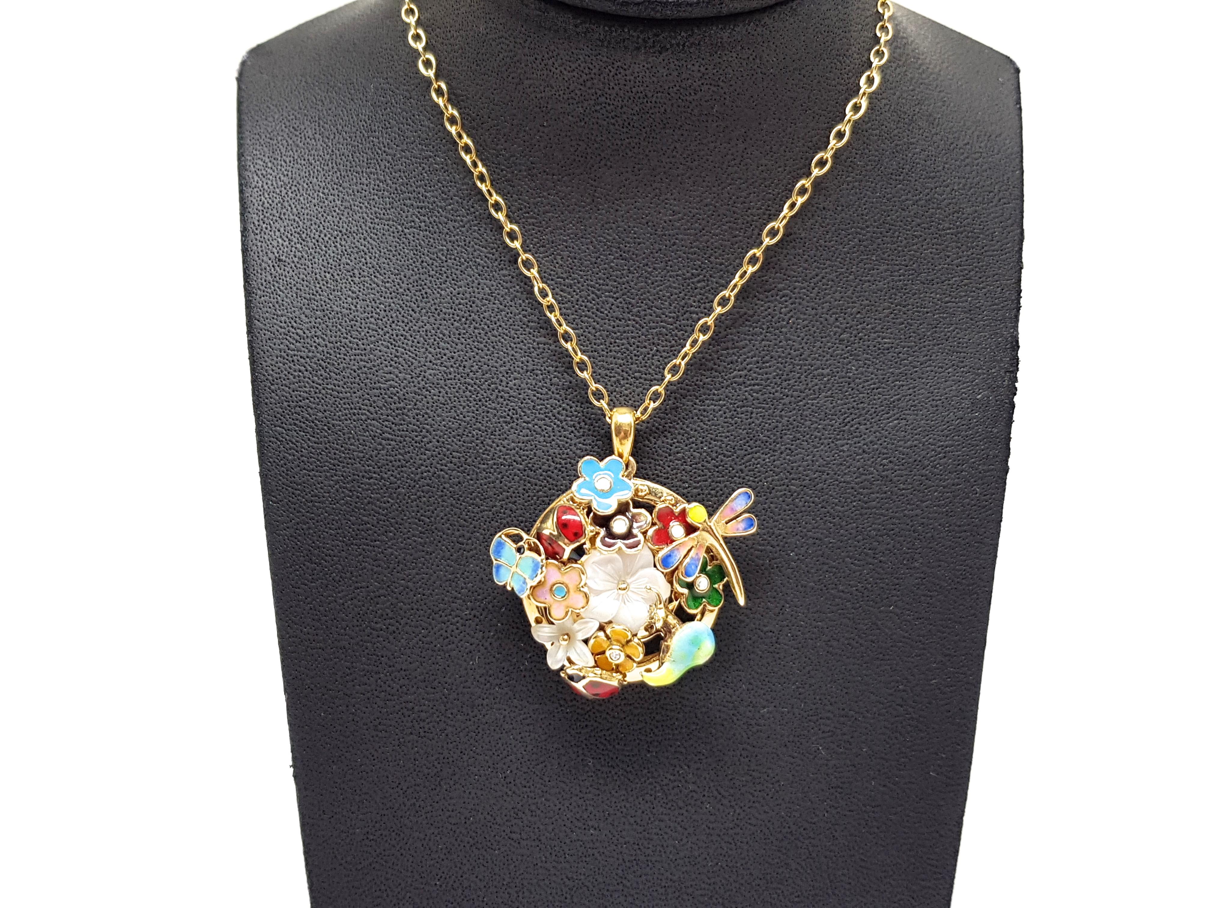 Gold: 14 Karat Yellow Gold 
Weight: 15.13gr. 
Diamonds: 0.02ct. E / VVS1 
Enamel: Sky Blue, Red, Purple, Pink, Yellow, Green, Bordeaux, 
Mother of Pearl 
Length: 5.56 cm. 
Width: 5.74 cm. 
All our jewellery comes with a certificate and 5 years