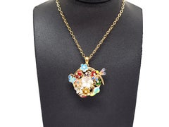 Yellow Gold Necklace Mother of Pearl Diamond Multi-Color Enamel Pendant