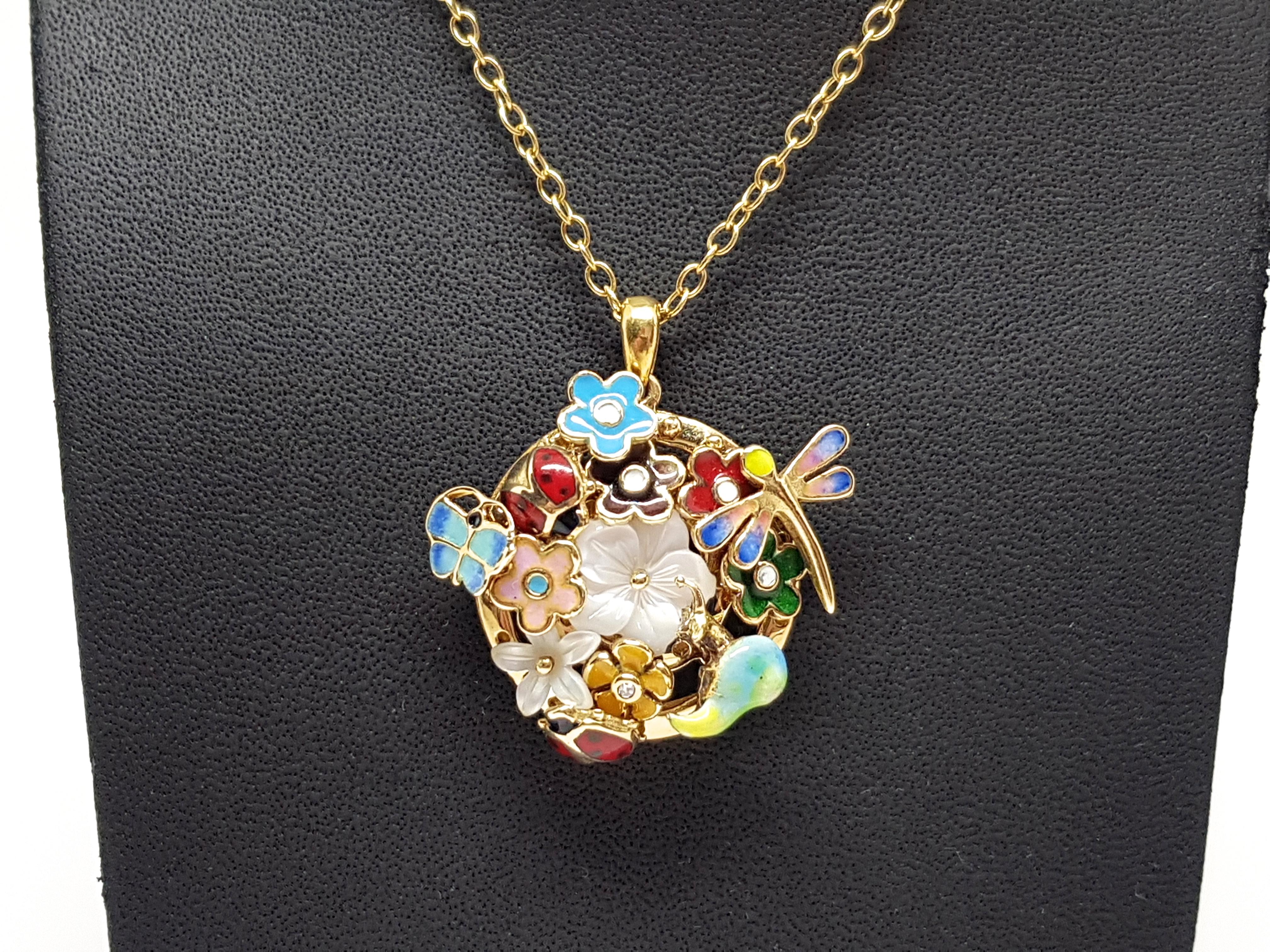 Contemporary Yellow Gold Necklace Mother of Pearl Diamond Multi-Color Enamel Pendant For Sale
