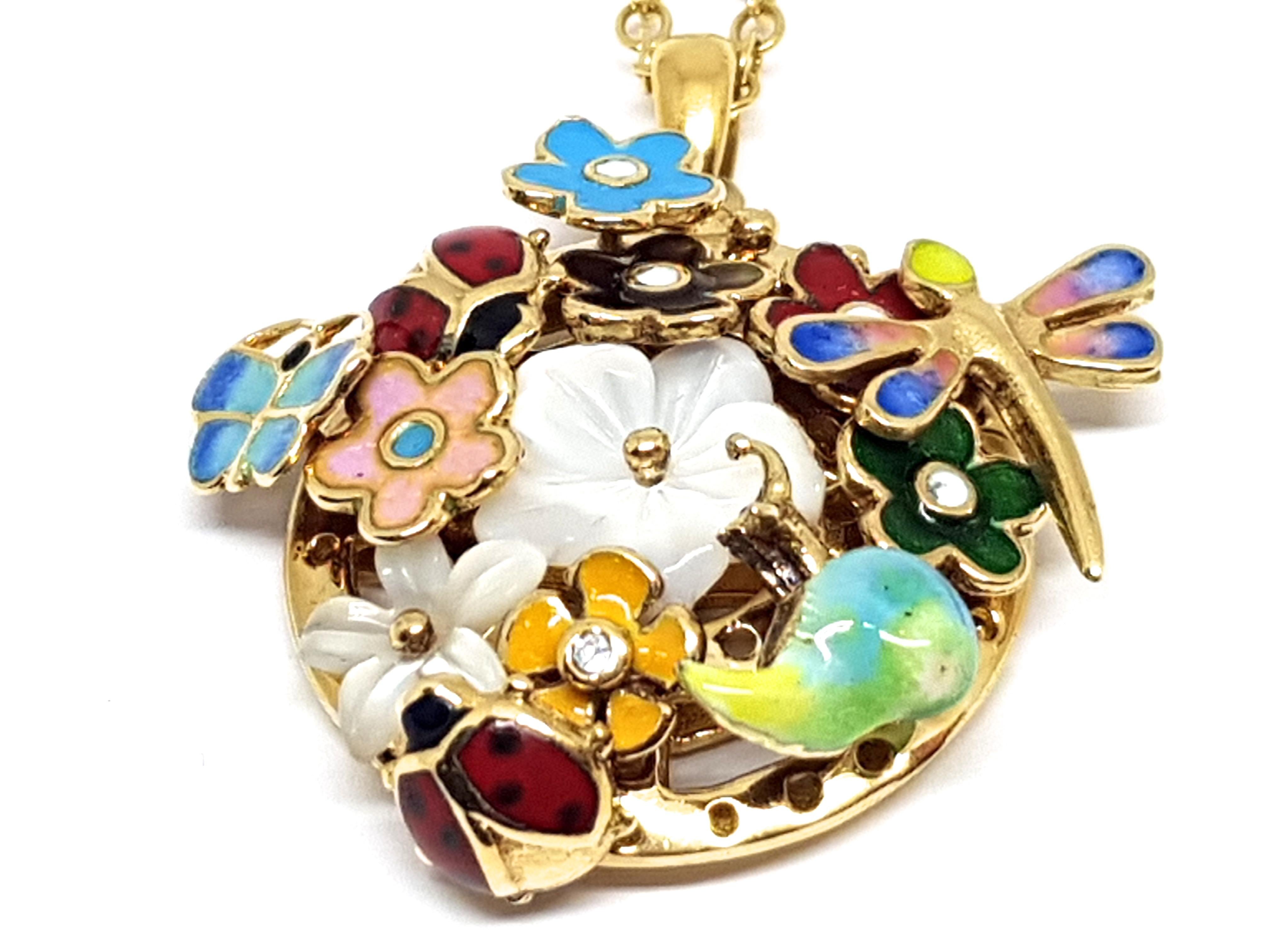 Yellow Gold Necklace Mother of Pearl Diamond Multi-Color Enamel Pendant For Sale 1