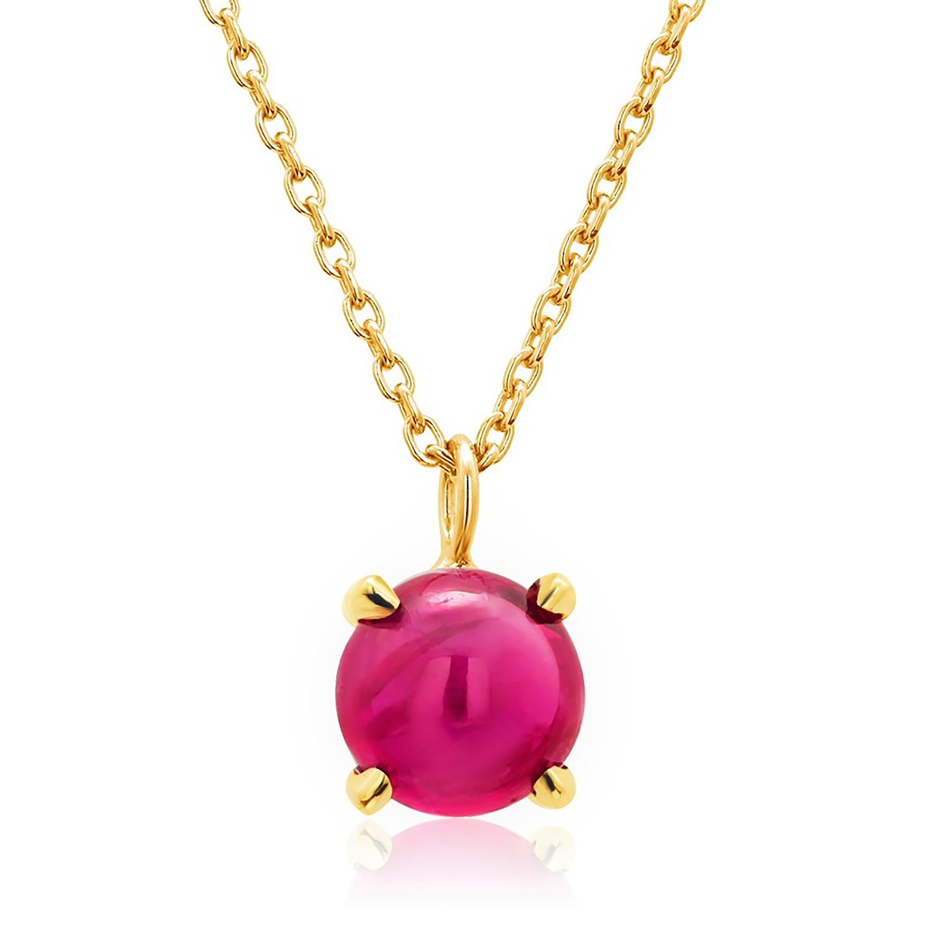 Fourteen karats yellow gold layered drop necklace pendant  
Fine cabochon Burma red ruby weighing 1.20 carat
Necklace measuring 16 inches long
Ruby measuring 6 millimeters
Ruby tone color is rose red
New Necklace
Handmade in the USA