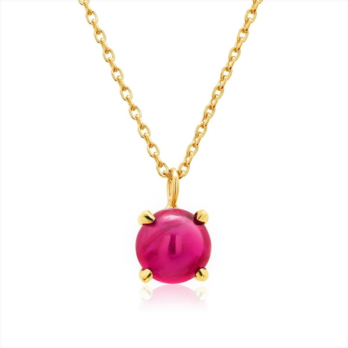 Round Cut Yellow Gold Necklace Pendant with Round Cabochon Ruby Drop