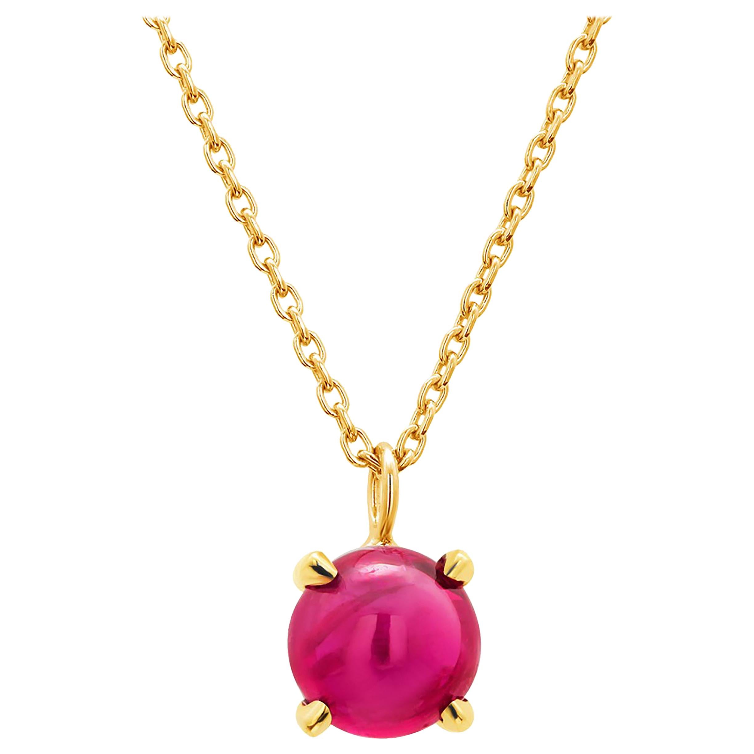 Yellow Gold Necklace Pendant with Round Cabochon Ruby Drop