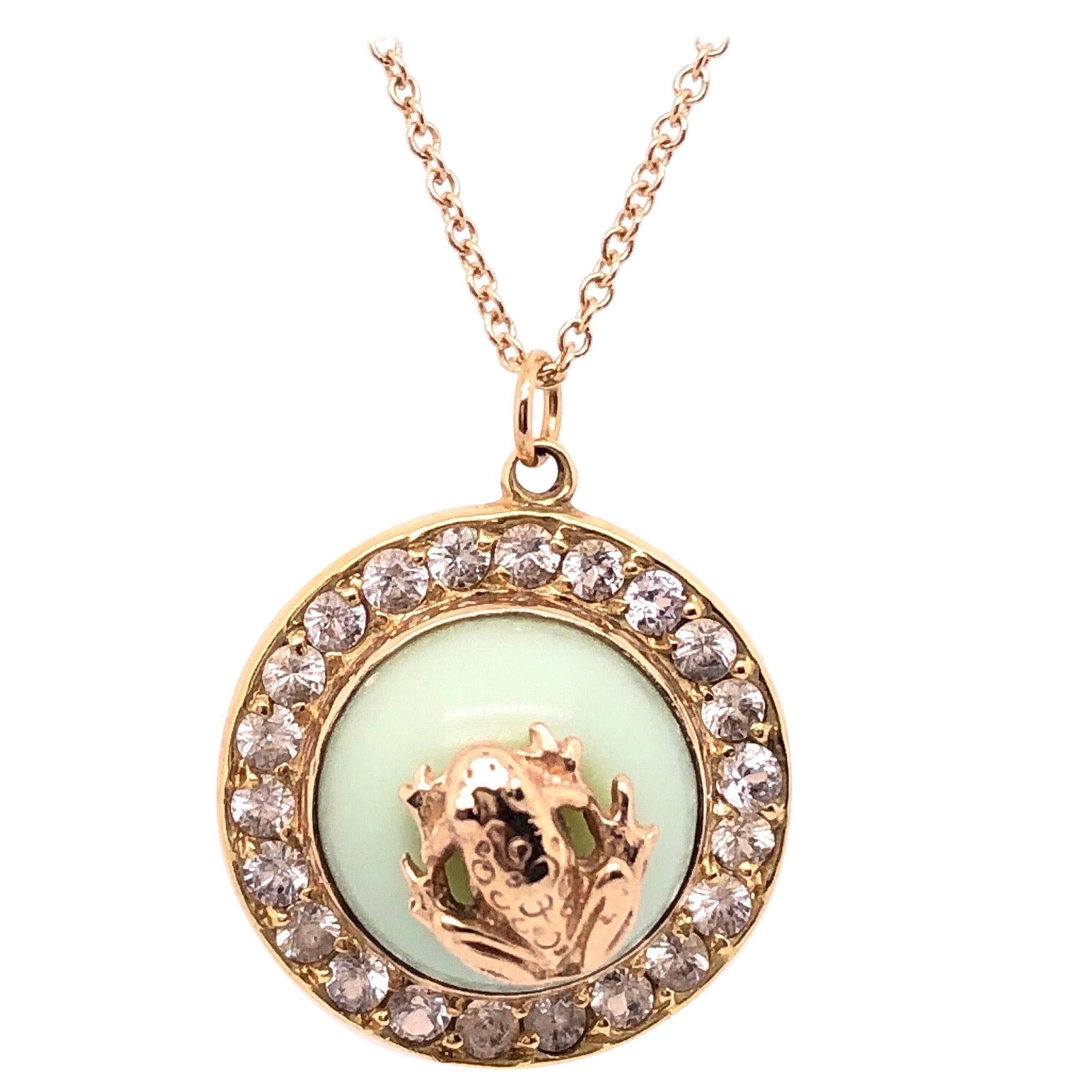 Gold Necklace Diamond Encrusted Pendant, Center Stone with Gold Frog. 18KT