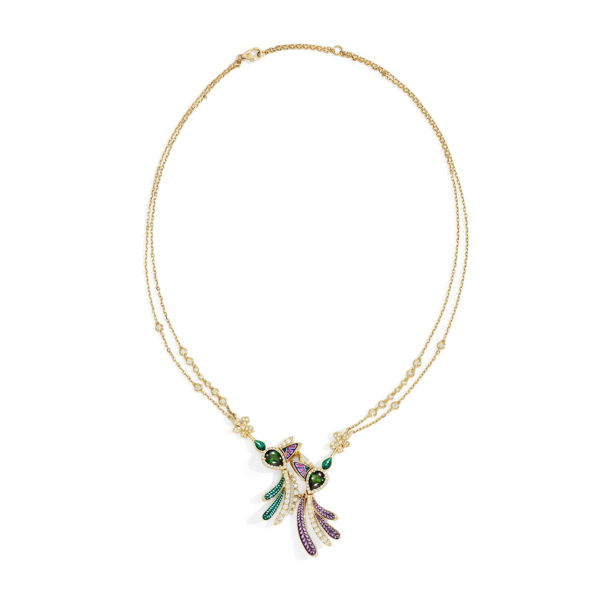 Contemporaneo Collana in oro giallo con tormalina verde, diamanti e micromosaico in vendita