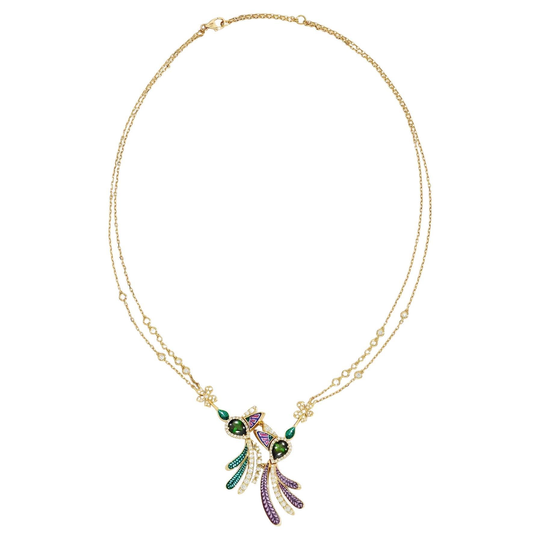 Collana in oro giallo con tormalina verde, diamanti e micromosaico