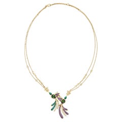 Yellow Gold Necklace with Green Tourmaline, Diamonds and Micromosaic