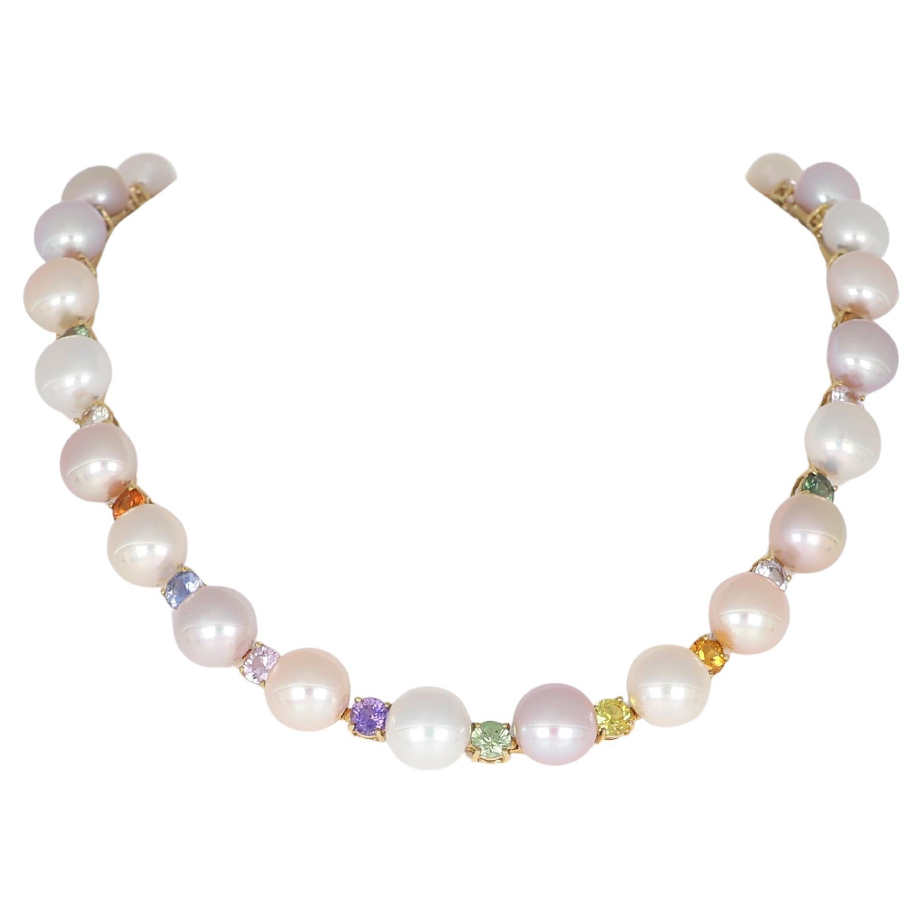 Yellow Gold Necklace with Pearls and Multicolored Sapphires