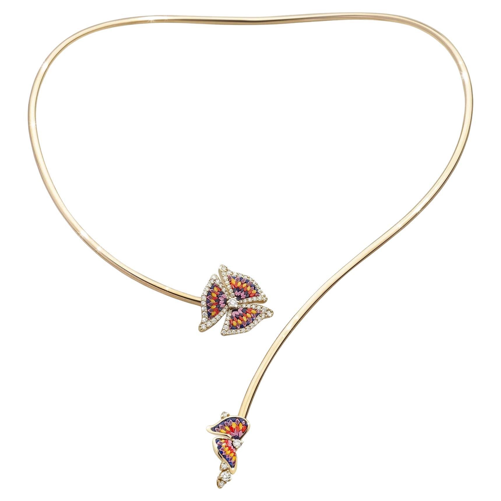 Yellow Gold Necklace with White Diamonds and Hand Decorated Micromosaic