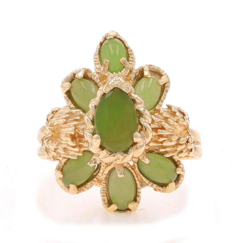 Size: 7
Sizing Fee: Up 3 sizes for $30 or Down 2 sizes for $20

Metal Content: 10k Yellow Gold

Stone Information

Natural Nephrite Jade
Treatment: Routinely Enhanced
Carat(s): 1.42ctw
Cut: Oval Cabochon
Color: Green

Total Carats: 1.42ctw

Style: