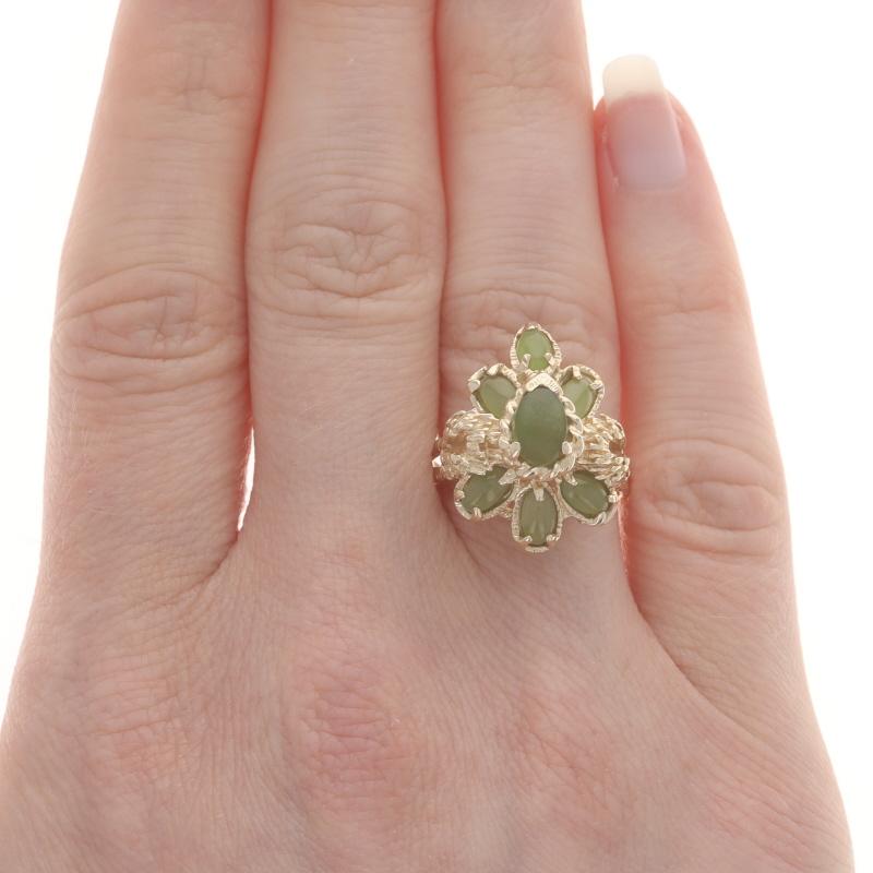 Oval Cut Yellow Gold Nephrite Jade Cluster Cocktail Ring - 10k Oval Cabochon 1.42ctw Flor For Sale