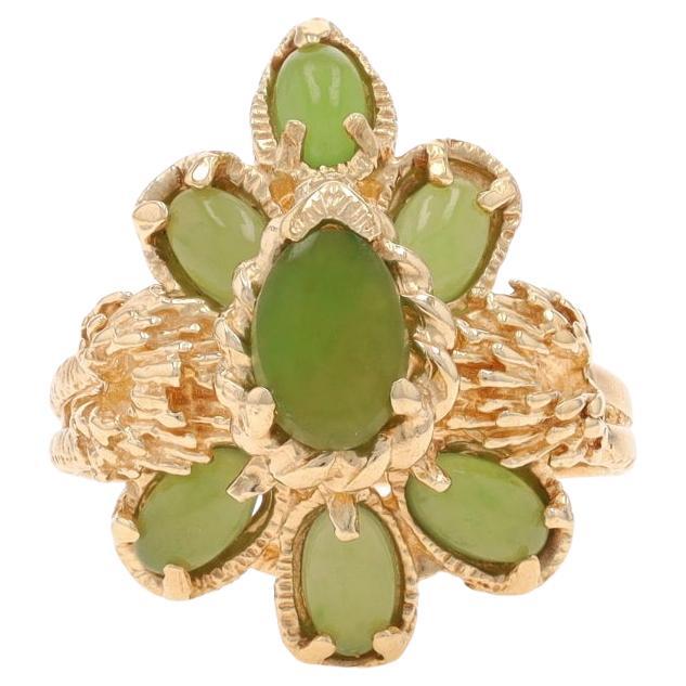 Yellow Gold Nephrite Jade Cluster Cocktail Ring - 10k Oval Cabochon 1.42ctw Flor