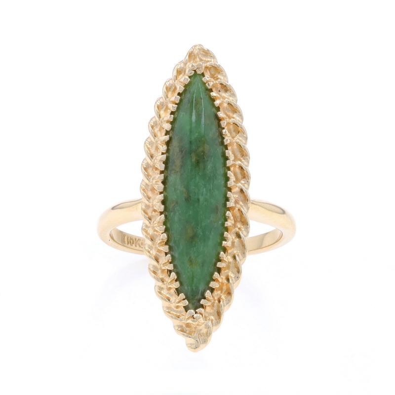 Yellow Gold Nephrite Jade Cocktail Solitaire Ring - 10k Marquise Cabochon Rope