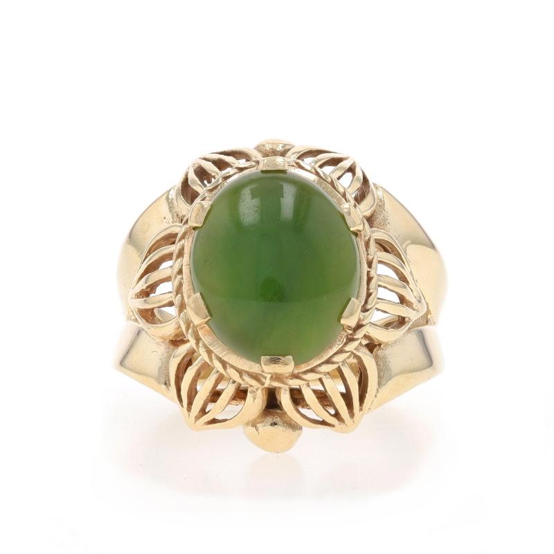 Size: 4 3/4
Sizing Fee: Up 2 sizes for $40 or Down 1/2 a size for $30

Metal Content: 10k Yellow Gold

Stone Information

Natural Nephrite Jade
Treatment: Routinely Enhanced
Cut: Oval Cabochon
Color: Green

Style: Cocktail Solitaire
Theme: Flower