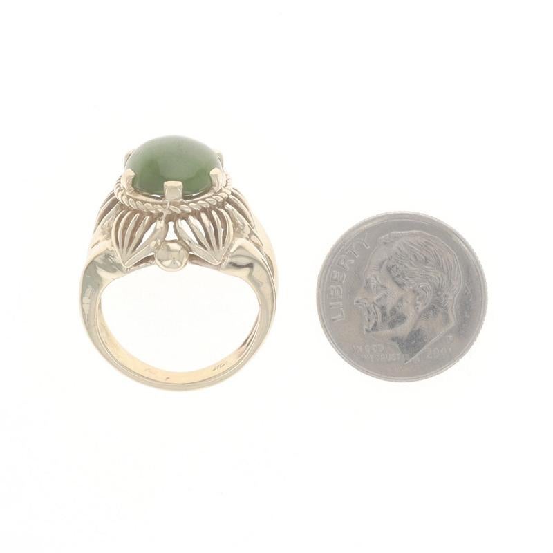 Yellow Gold Nephrite Jade Cocktail Solitaire Ring - 10k Oval Cabochon Flower For Sale 1
