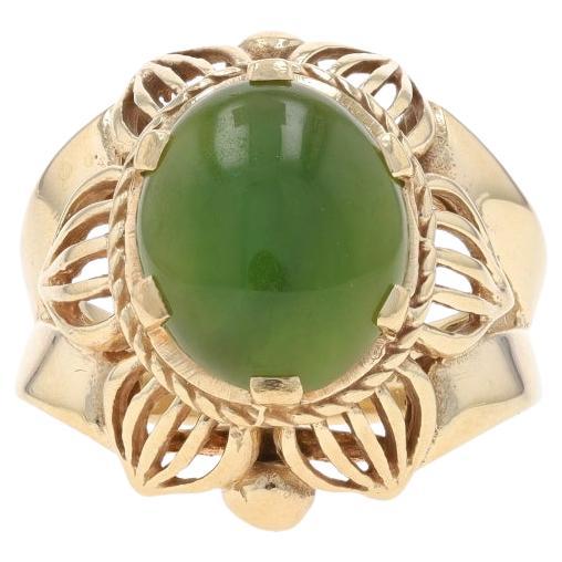 Yellow Gold Nephrite Jade Cocktail Solitaire Ring - 10k Oval Cabochon Flower For Sale